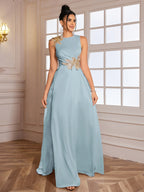 Sleeveless Round Neck Dress with Waistline Slit - Light Blue