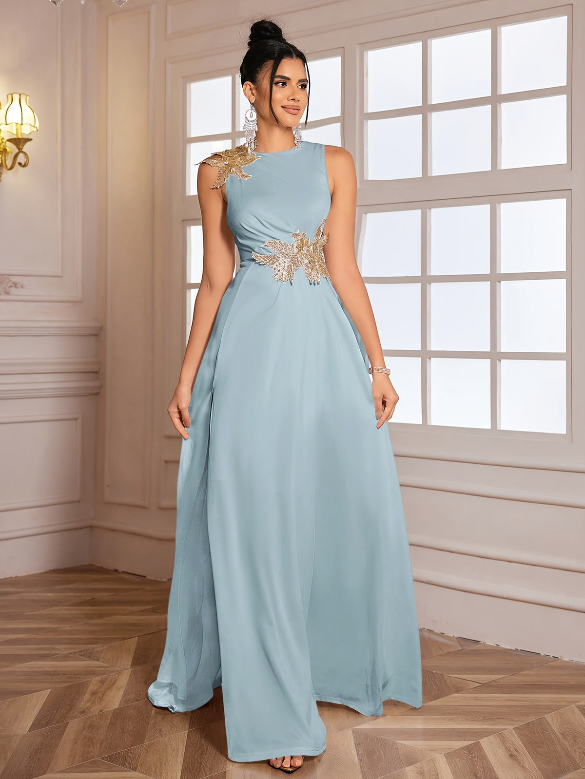 Sleeveless Round Neck Dress with Waistline Slit - Light Blue