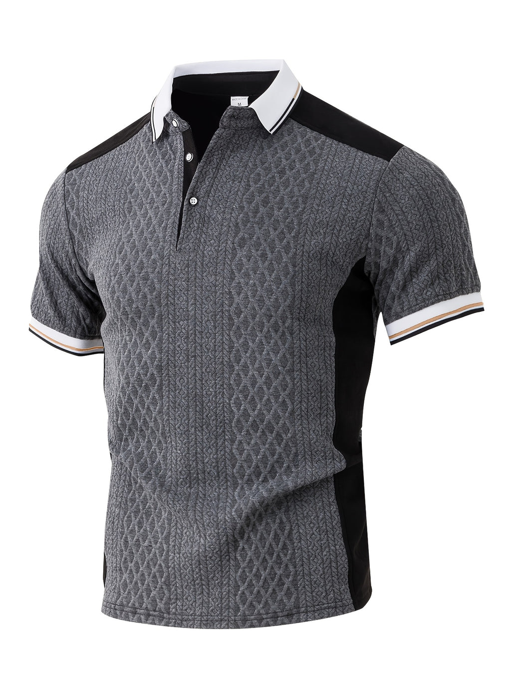 Men's Fashion New Color-Block Polo Shirt with Collar, Jacquard Design, Soft Fabric, Versatile for Outdoor Streetwear and Beach Vacation Outfits - Grey
