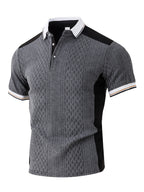 Men's Fashion New Color-Block Polo Shirt with Collar, Jacquard Design, Soft Fabric, Versatile for Outdoor Streetwear and Beach Vacation Outfits - Grey