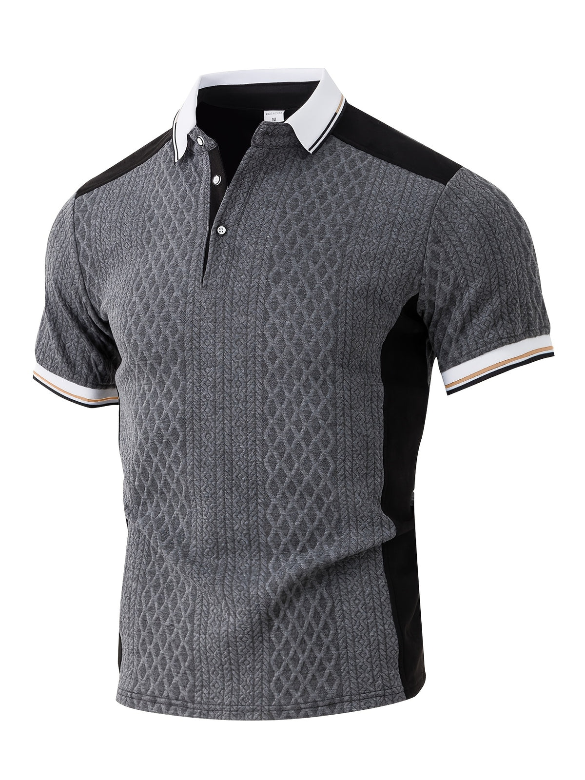 Men's Fashion New Color-Block Polo Shirt with Collar, Jacquard Design, Soft Fabric, Versatile for Outdoor Streetwear and Beach Vacation Outfits - Grey