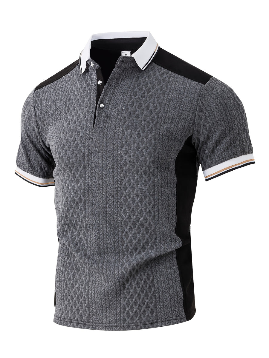 Men's Fashion New Color-Block Polo Shirt with Collar, Jacquard Design, Soft Fabric, Versatile for Outdoor Streetwear and Beach Vacation Outfits - Grey