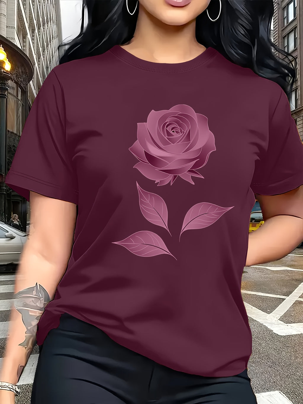 Color Series - Multicolor Light And Dark Gradient Easy Fresh Style Rose Pattern Printed T-Shirt, Casual Outing Wear, Single Wear Or Layered with Jacket, Multi-Layered, Suitable for Travel Vacation, Casual, Free And Unrestrained, Sister Outfit - Fuchsia