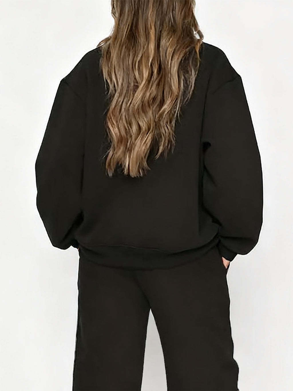 Graphic Print 2pcs Set, Crew Neck Sweatshirt & Pants, Women's Clothing - Black