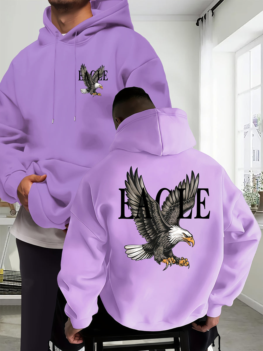 Eagle Men'S New Trendy Autumn And Winter Hoodie, Casual Everyday Drawstring Sweatshirt with Creative Design Print, Featuring a Front Kangaroo Pocket, Unisex Top - Light Purple
