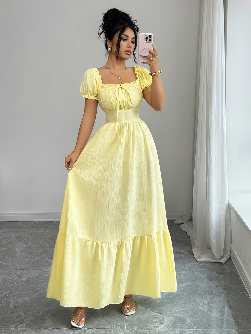 Elegant Dress Women'S Skirt Square Neck Puff Sleeve Tie-Up A-Line Long Dress Suitable for Outdoor Spring Summer Party Wedding Travel Zzy Spring Summer - Bright Yellow