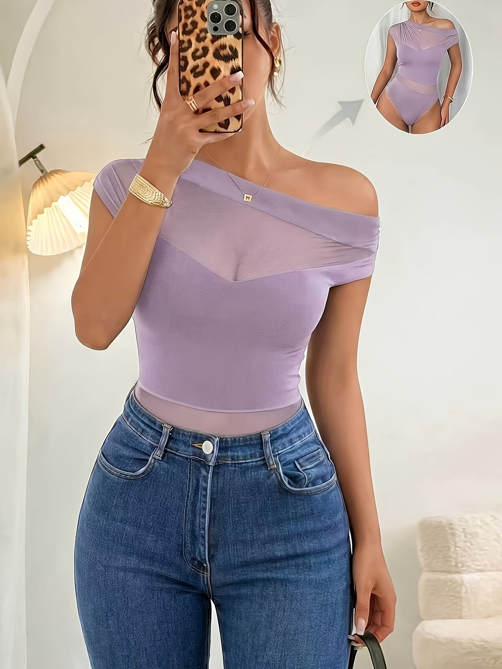 New Women's Versatile Summer Mesh Bodysuit, Elegant and One-shoulder Mesh Patchwork Pleated Bodysuit, Sexy Party and Nightclub Outfit, Elegant Summer Women's Bodysuit. - Light Purple