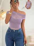 New Women's Versatile Summer Mesh Bodysuit, Elegant and One-shoulder Mesh Patchwork Pleated Bodysuit, Sexy Party and Nightclub Outfit, Elegant Summer Women's Bodysuit. - Light Purple
