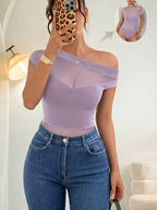 New Women's Versatile Summer Mesh Bodysuit, Elegant and One-shoulder Mesh Patchwork Pleated Bodysuit, Sexy Party and Nightclub Outfit, Elegant Summer Women's Bodysuit. - Light Purple