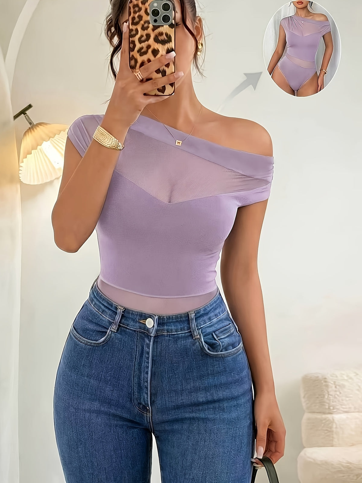 New Women's Versatile Summer Mesh Bodysuit, Elegant and One-shoulder Mesh Patchwork Pleated Bodysuit, Sexy Party and Nightclub Outfit, Elegant Summer Women's Bodysuit. - Light Purple