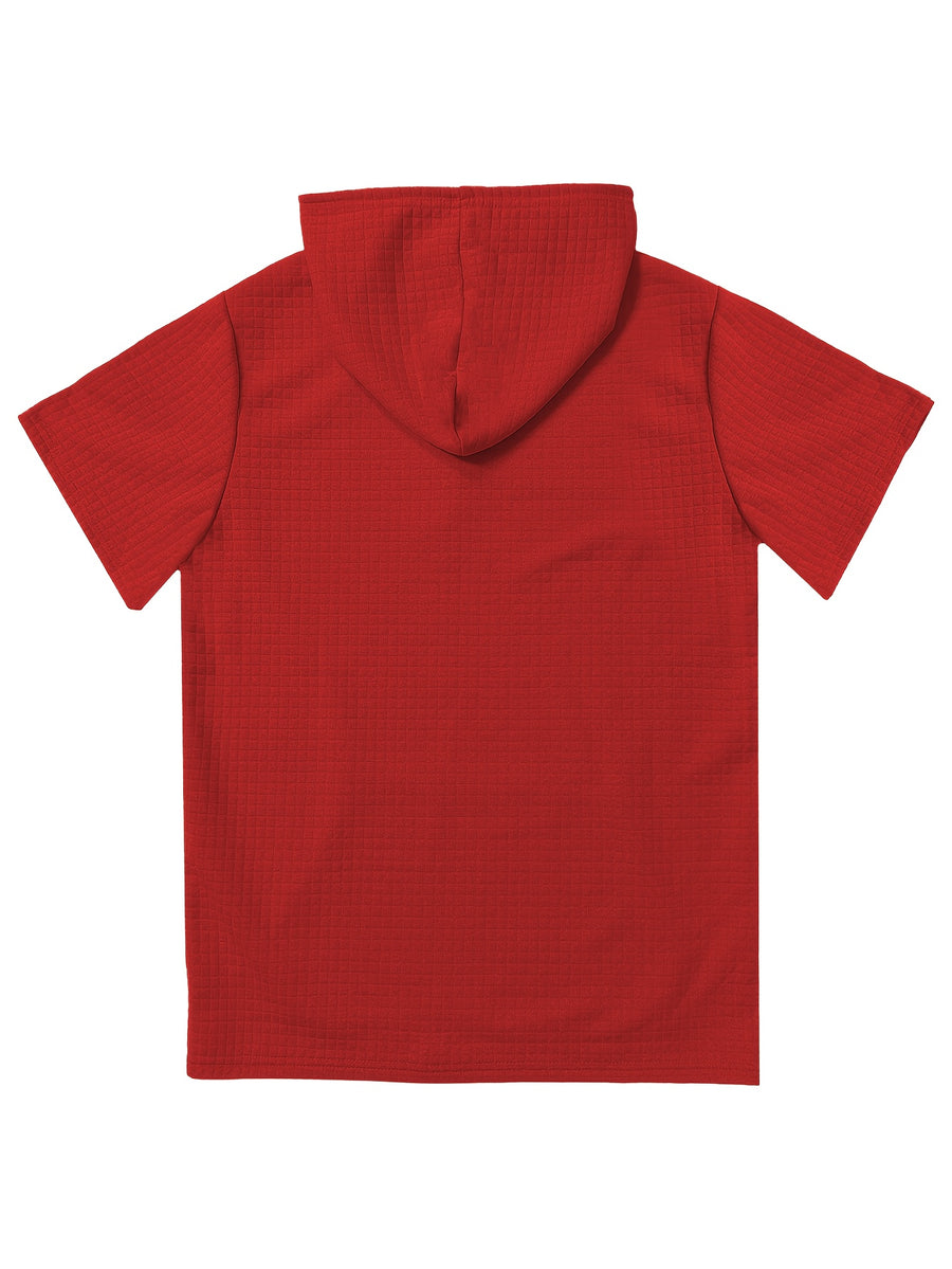 Men's Short-Sleeve Hoodie with Plaid Texture - Solid Color Hooded, Machine Washable Summer Casual Wear Suitable for Daily Outings, Gifts, Commemorative Present for Friends, Versatile Layering for Warmth (Regular Fit) - Red