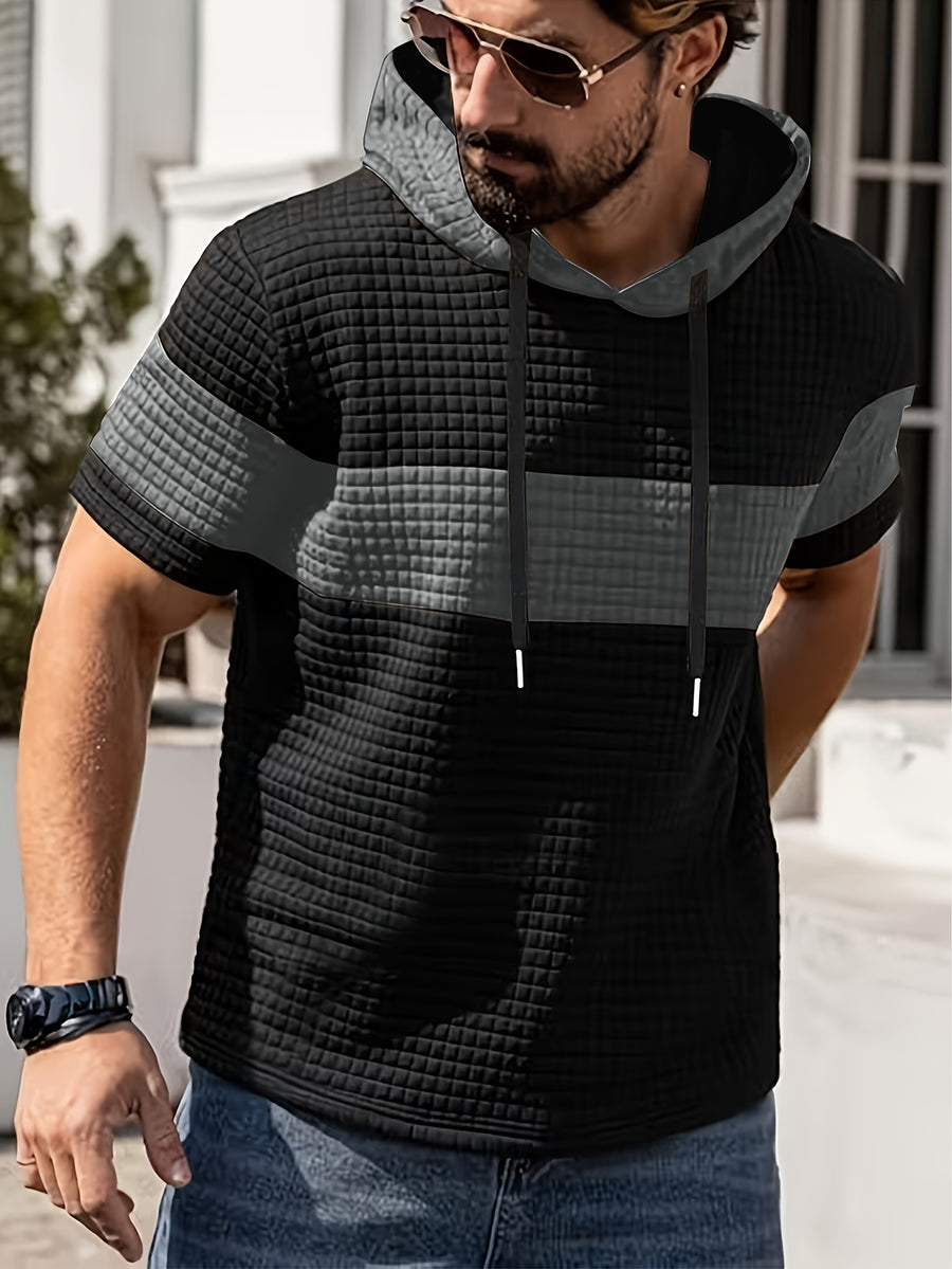 Men'S Summer Essential Hooded Short Sleeve T-Shirt, Casual Loose Fit, Breathable And Wrinkle-Resistant Fabric, Durable And Non-Deformable, Drawstring Hood Design, Arched Hem for Body Shaping, Statement Color Block for Trendy Appeal - Black