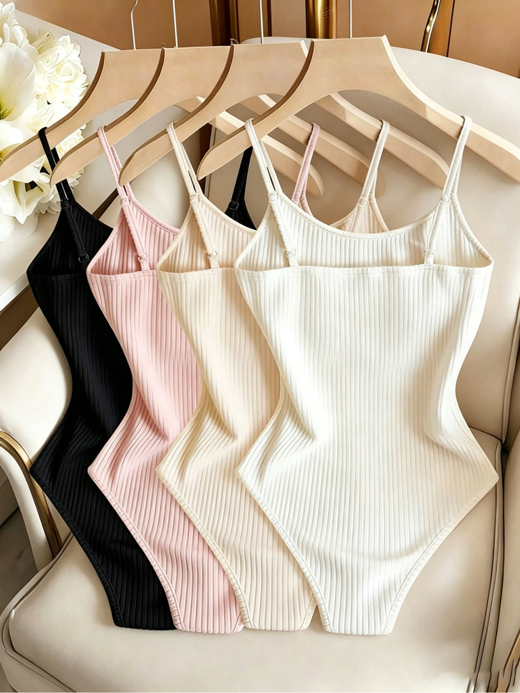 4pcs Women's Ribbed Brushed Bodysuit with Adjustable Straps - Black+white+pink+yellow