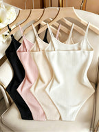 4pcs Women's Ribbed Brushed Bodysuit with Adjustable Straps - Black+white+pink+yellow