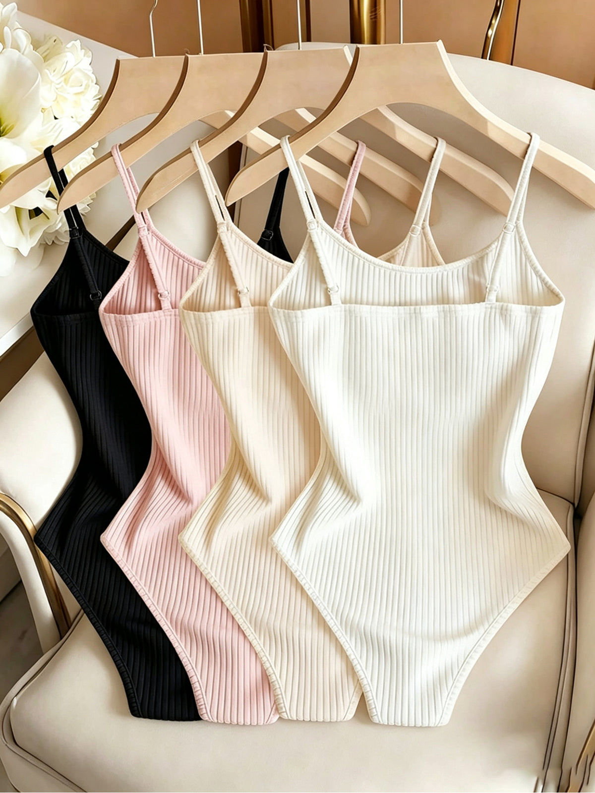 4pcs Women's Ribbed Brushed Bodysuit with Adjustable Straps - Black+white+pink+yellow