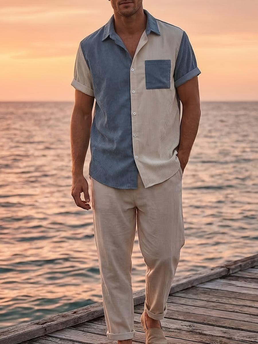 Men's Corduroy Patchwork Short-Sleeve Shirt - Sky Blue