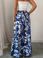 Summer Elegant Chic Romantic Women'S Printed Ruffled Waistband Wide-Leg Casual Loose Vacation Trousers with Fake Drawstring Casual Style - Blue