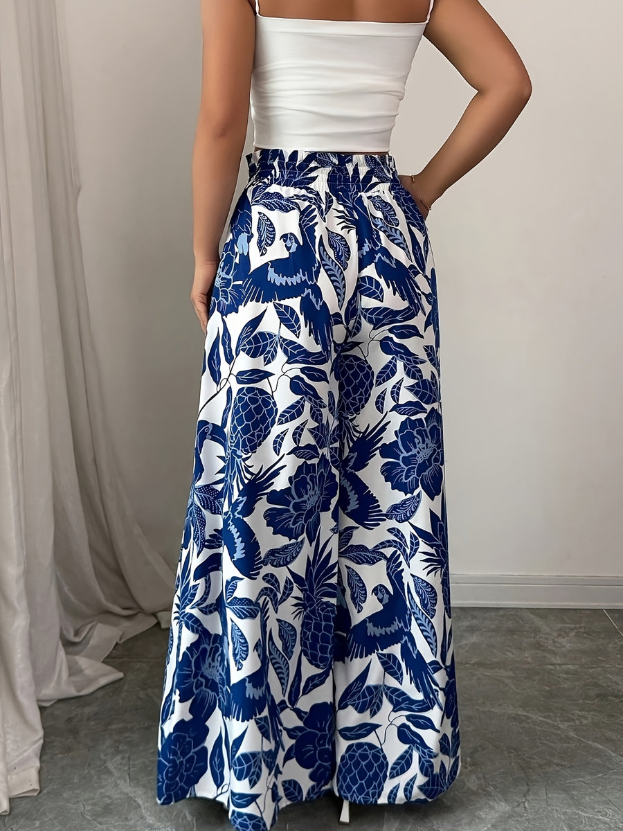 Summer Elegant Chic Romantic Women'S Printed Ruffled Waistband Wide-Leg Casual Loose Vacation Trousers with Fake Drawstring Casual Style - Blue
