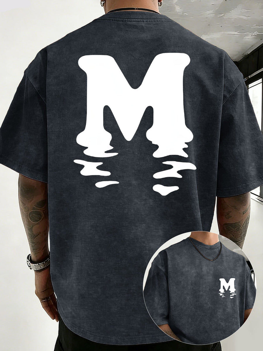 Unisex 100% Cotton Washed Vintage Crew Neck Short-Sleeve T-Shirt, Double-Sided Position Print, Trendy Loose Casual Top, 12 Colors Available - Navy Color