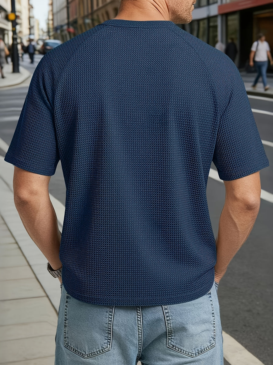 Men's Large Waffle Knit Chicken-Heart Neck T-Shirt - Loose Fit Short Sleeve Crew Neck Shirt with Hem Logo Decoration, Breathable Summer Casual & Sportswear, Solid Color Suitable for Gym, Casual Attire, Machine Washable - Sea Blue