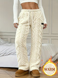 Women's Winter -Lined Casual Pants, Jacquard Fabric, Drawstring Waist, Suitable for Winter Home and Outdoor Wear - Off-white
