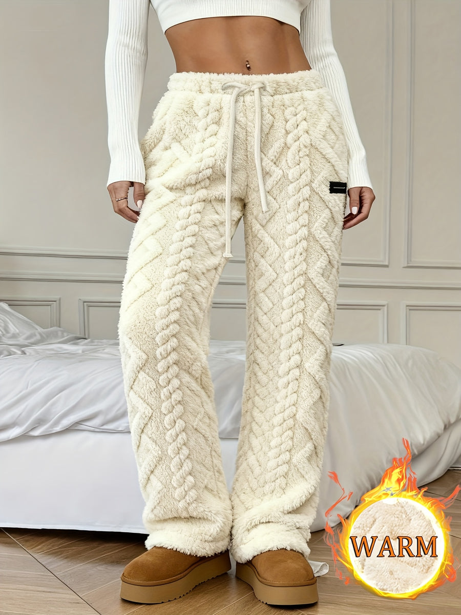 Women's Winter -Lined Casual Pants, Jacquard Fabric, Drawstring Waist, Suitable for Winter Home and Outdoor Wear - Off-white