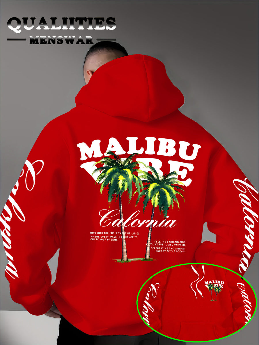 Men'S Casual Stylish Quality Hoodie Featuring The MALIBU VIBE Design with Two Palm Trees, Embodying The American California Beach Vibe Filled with Sunshine, Freedom, Knit - Red