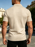 Men'S Waffle Polo Shirt, Zipper Collar Design Short Sleeve T-Shirt, Summer Casual Daily Commute Versatile Top - Khaki