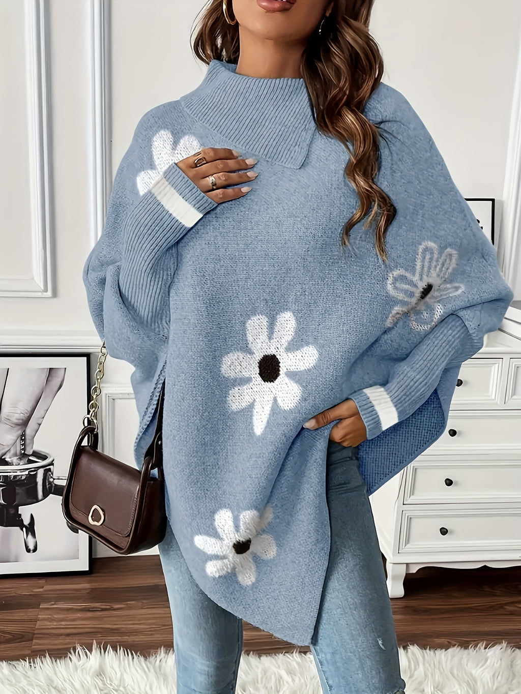 Danica Floral Pattern Round Neck Sweater Elegant Asymmetrical Long Sleeve Sweater - Mixed colors