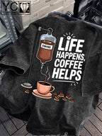 'LIFE HAPPENS COFFEE HELPS' Fun Text and Coffee Infusion Bag Creative Print  Distressed Washed Texture Men's Short-Sleeve T-Shirt, Machine Washable - Short-Sleeve Washed Texture, Loose Fit Crew Neck Casual Shirt - Black
