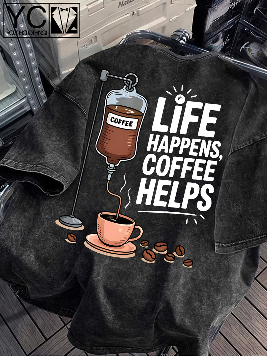 'LIFE HAPPENS COFFEE HELPS' Fun Text and Coffee Infusion Bag Creative Print  Distressed Washed Texture Men's Short-Sleeve T-Shirt, Machine Washable - Short-Sleeve Washed Texture, Loose Fit Crew Neck Casual Shirt - Black
