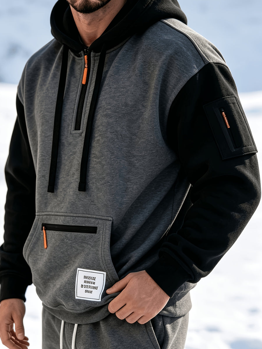 Men'S Fashion Color-Block Pullover Sweatshirt Jacket, Men'S Casual Zipper-Decorated Half-Open Cardigan Sweatshirt Top - Dark Gray