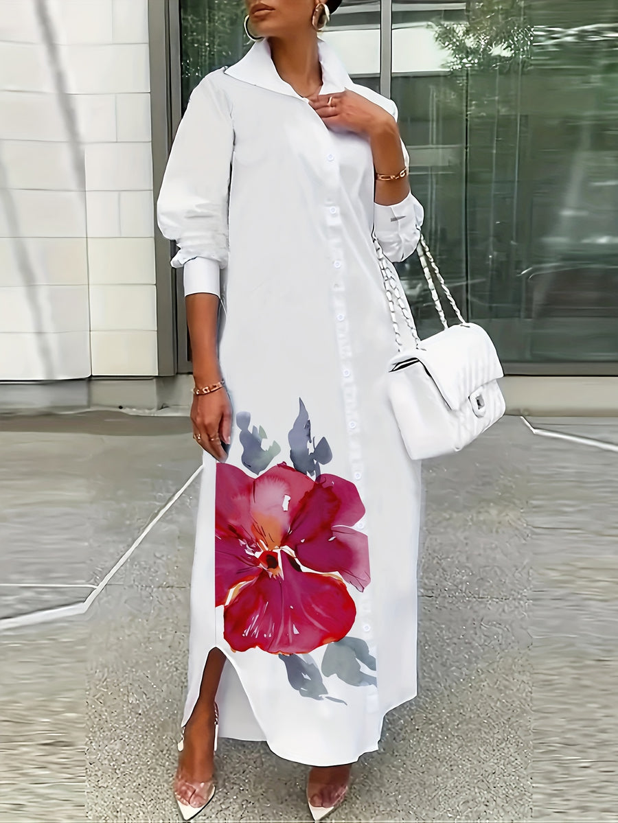 Plus Size, Women's Plus Size Casual Floral Print Shirt Dress for Spring and Autumn - Suit 7