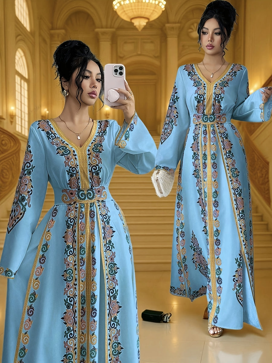 Women'S Summer Autumn Bride, Retro Elegant Dignified Wedding Non- Bohemian Middle Eastern, Printed Design, V-Neck Long Sleeve Batwing Sleeve Loose Flowing Long Wrap Dress, Golden Contrast Design Court Style Dress Suitable for Vacation, Party - Sky Blue