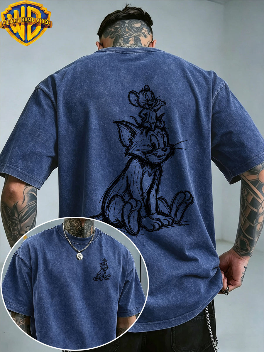 Warner Bros. Officially Authorizes Sketch Style Sitting up Print Retro Washed Distressed Short Sleeved T-shirt for Both Men and Women, Machine Washable Daily Commuting Outdoor Sports and Leisure Top - Royal Blue