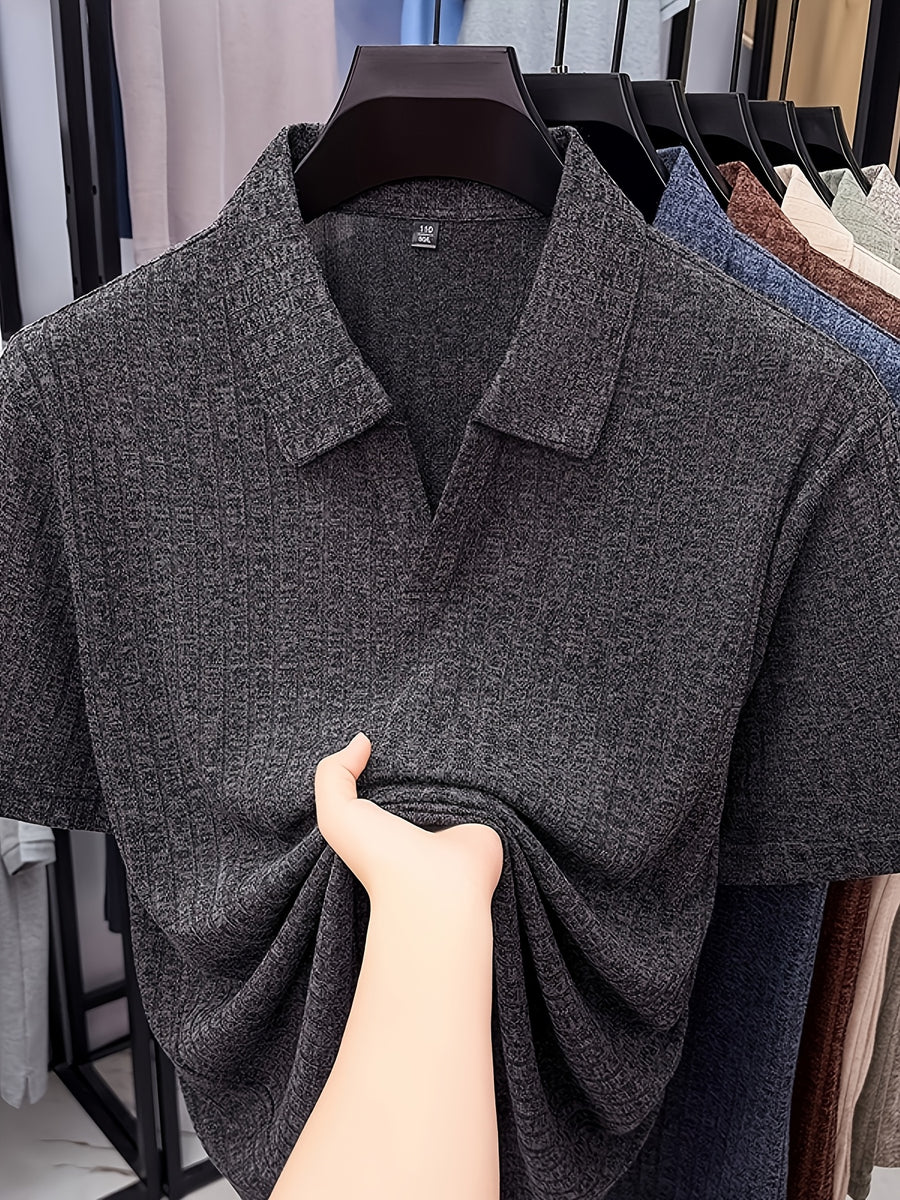 Old Money Aesthetic Vertical Ribbed Polo Sweater, Solid Color No-Button V-Neck Design, Commute Business/Casual Gathering Multi-Scene Short Sleeve Top, Light Athletic Non-Pick Body Men'S Top, Knit - Black Gray
