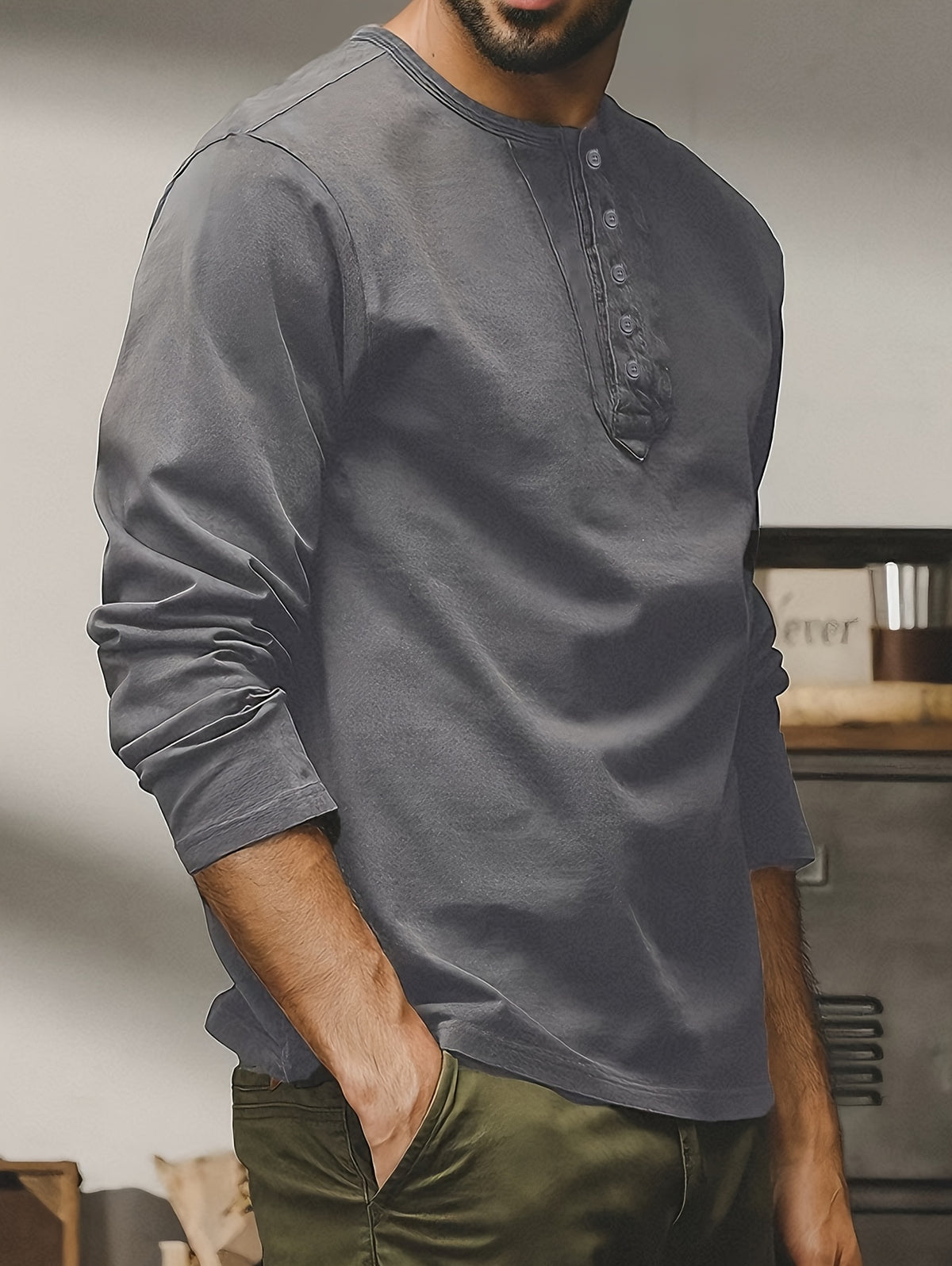 Men's Casual T-Shirt, Spring/Autumn Style, In Stock, American-Style Henry Collar Vintage Long-Sleeve T-Shirt, Men's Tough Guy Streetwear Brand, Simple Outerwear Base Layer Top for Men - Grey