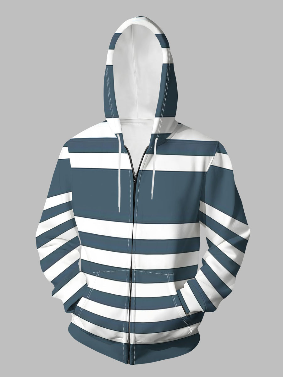 Autumn Winter Men'S Casual Hoodie Gray Blue Horizontal Stripes Hooded Cardigan Vest Easy Versatile - Mixed colors
