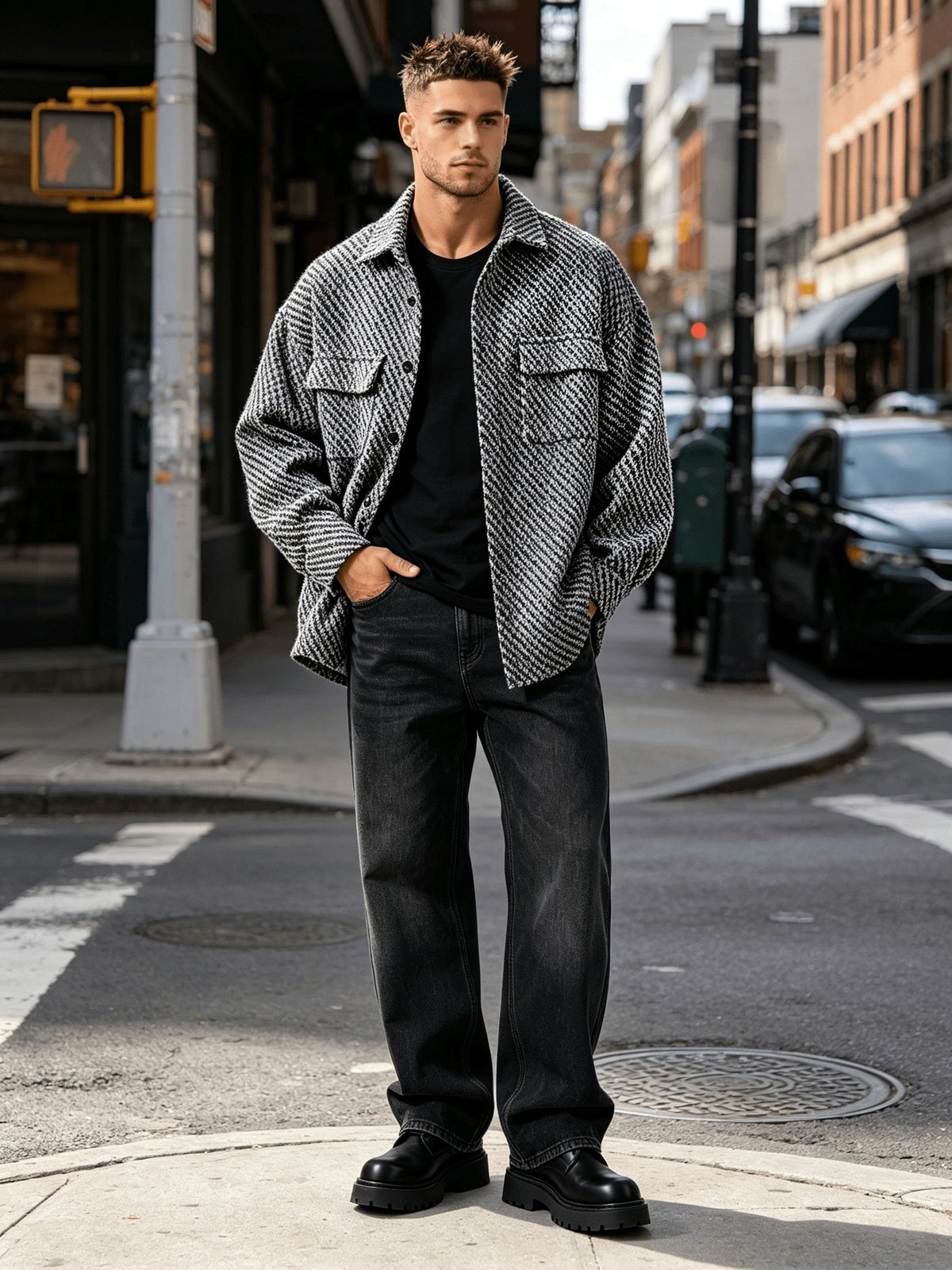 Men's Retro Black and White Twill Coat Three-dimensional Woven Texture Double Cargo Pockets for Practical Storage Loose Wide Fit to Hide Flesh Suitable for Autumn and Winter Layering Commuter Casual Tweed Style Top - Black