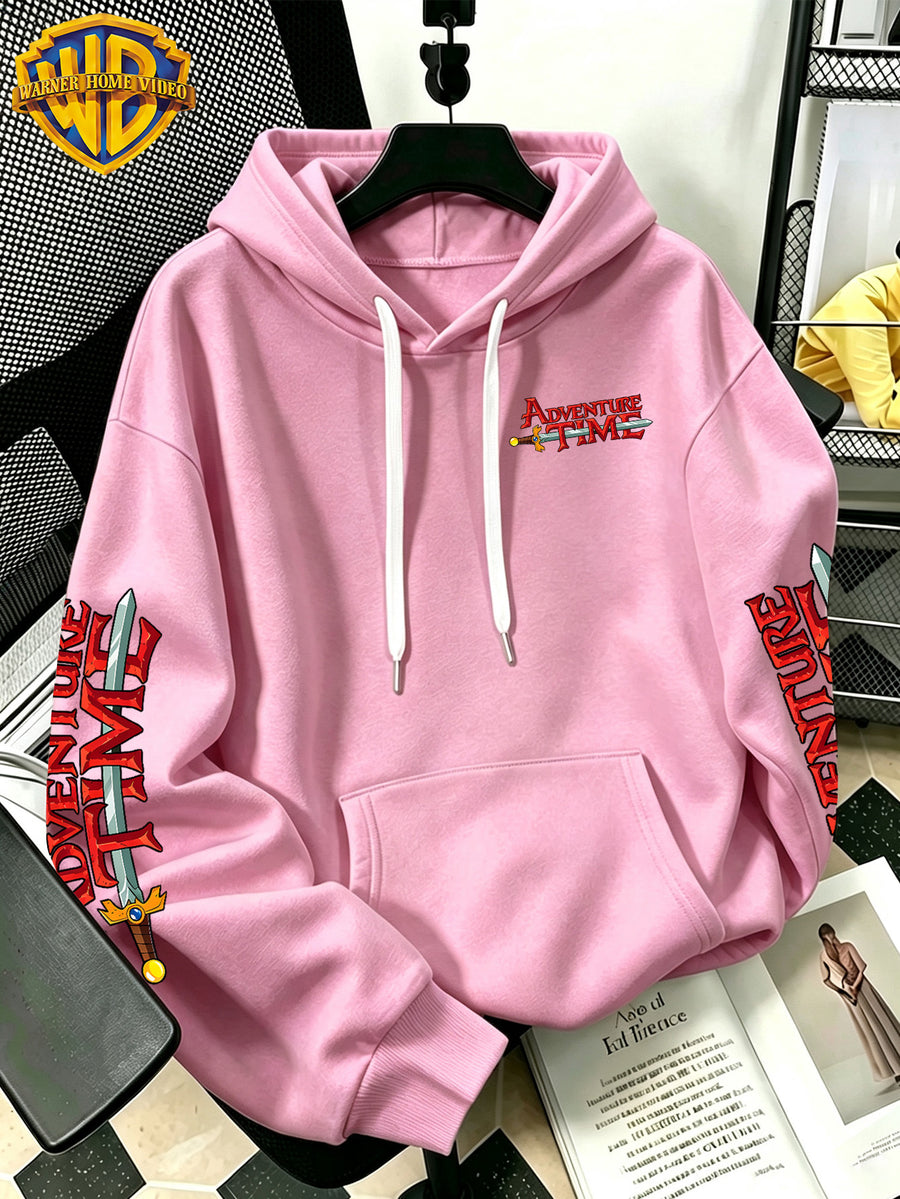 Warner Bros Official Adventure Time Q-Style Multi-Character Patchwork Cartoon Print Hooded Sweatshirt - Men's Casual Versatile Sweatshirt, Comfortable Autumn/Winter Wear, Ideal for Sports, Outdoors, Outings, Travel, and Daily/Commute/Home Use - Pink Color