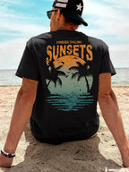 Men'S 100% T-Shirt, Orange-Green Gradient Vintage SUNSETS Coconut Tree Reflection Front And Back Print Design, Casual Trendy Streetwear Sports Short-Sleeve T-Shirt Summer New Arrival, Round Neck Short-Sleeve Summer Top, Casual Street Style - Black