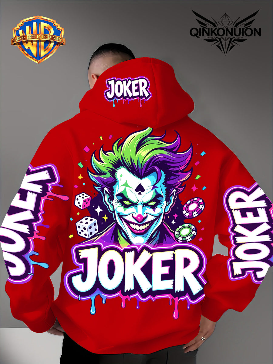 Warner Official Men'S Hoodie, Neon Clown Avatar Chess And Card Graffiti Trendy Print Design, Machine Washable, Warm And Casual for Autumn And Winter, Daily Drawstring Hoodie, Multi-Functional Sports And Leisure Loose Version - Red