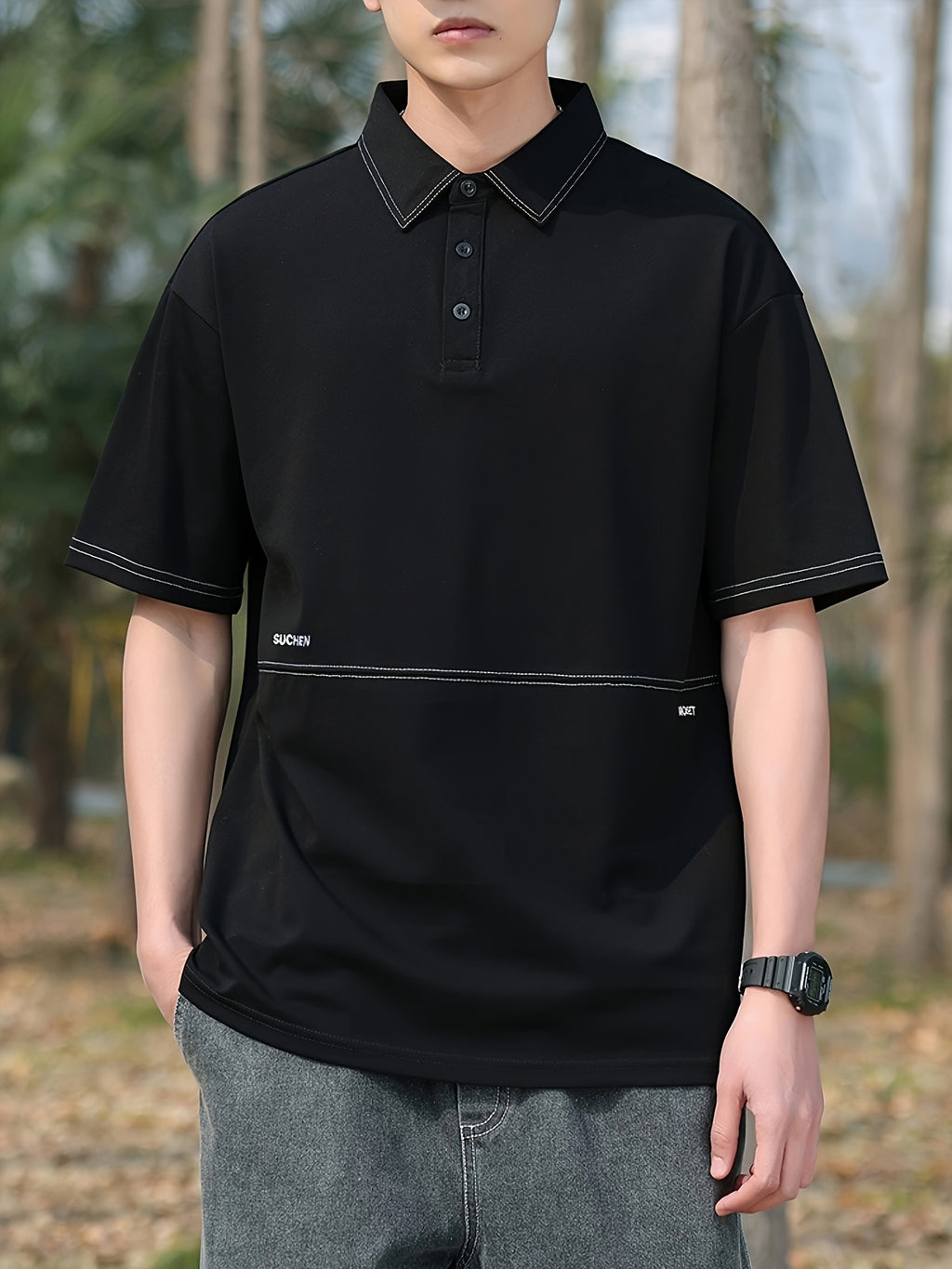 Summer Fashion Men's Collection: Contrast Stitch Collar Shirt with Letter Embroidery, Patchwork Top - Black