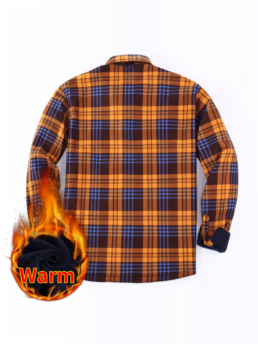 2026 Men's Plaid Shirt - Color Block Design, Brushed Lining, Warm Winter Flannel (Casual & Outdoor) Color Block Lining, Cold Weather Flannel for Outdoor Bold Color Block, Brushed Interior, Urban Style - orange yellow