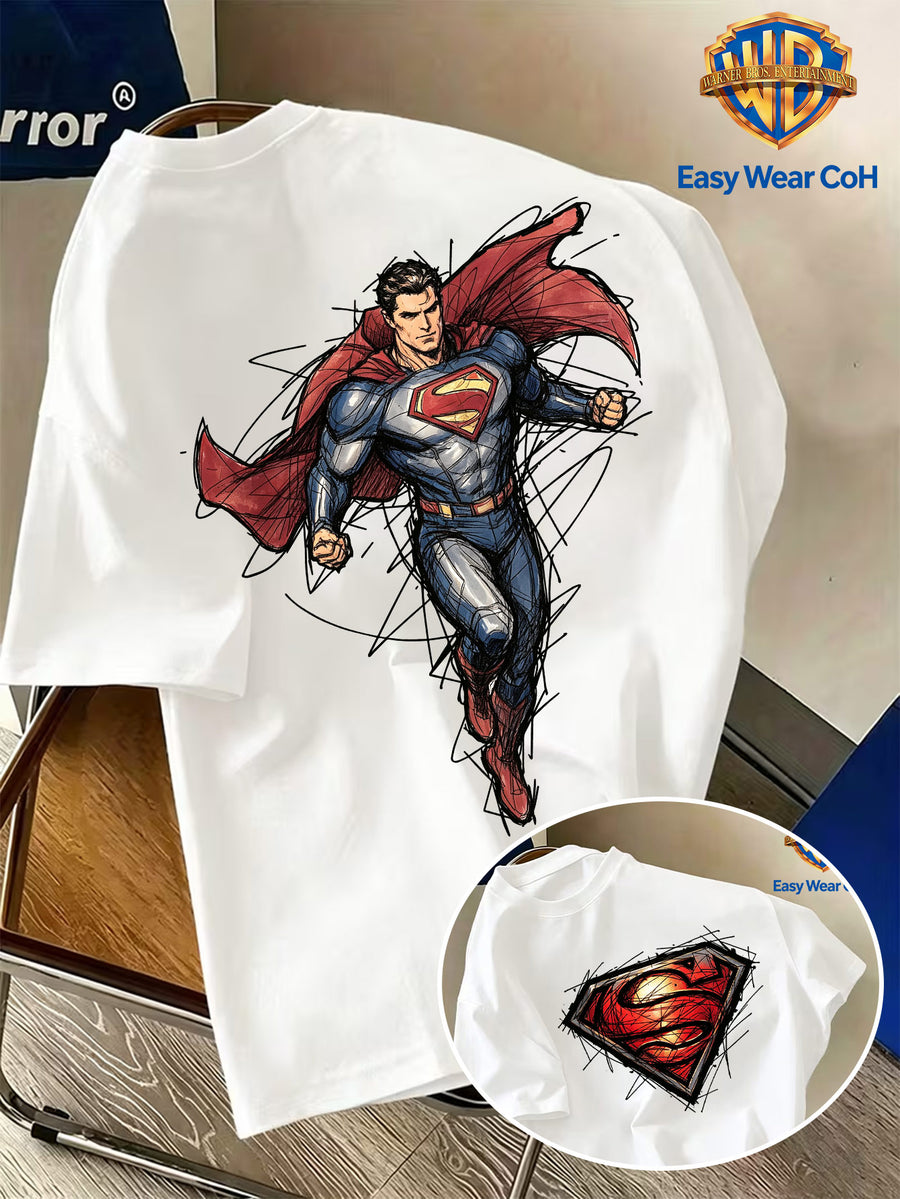 Warner Bros. Authentic Men's Pure Cotton Short-Sleeve T-Shirt, Featuring a Classic Hand-drawn Sketch-style Superman Core Pattern + S Shield Logo Creative Print. The Sketch Design Has Finely Detailed Layers, and the Pure Cotton Fabric Dispels Summer - White