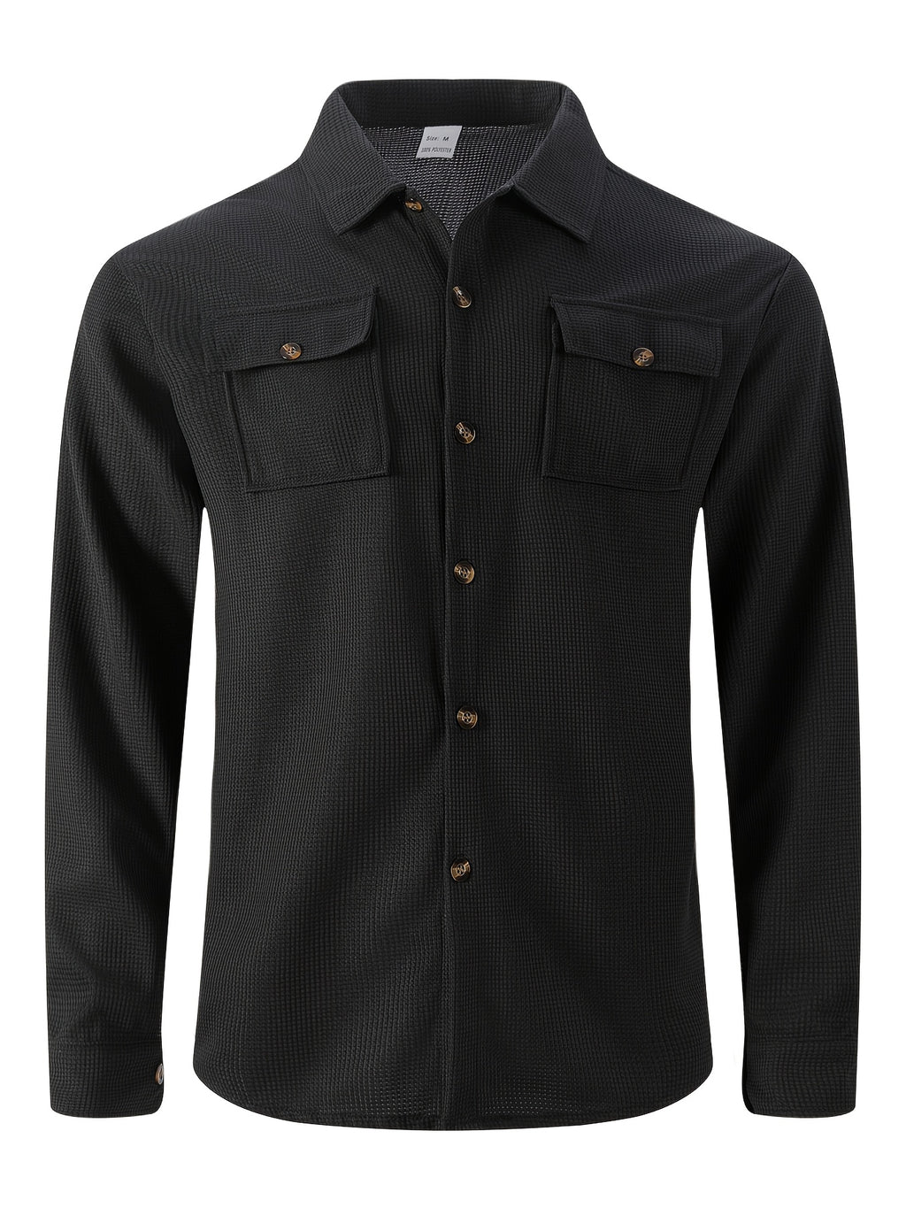 Men'S Waffle Knit Long Sleeve Button-Up Shirt, Casual Lapel Workwear with Chest Pocket, Lightweight And Breathable Daily Top, Autumn Menswear - Black