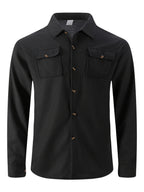 Men'S Waffle Knit Long Sleeve Button-Up Shirt, Casual Lapel Workwear with Chest Pocket, Lightweight And Breathable Daily Top, Autumn Menswear - Black