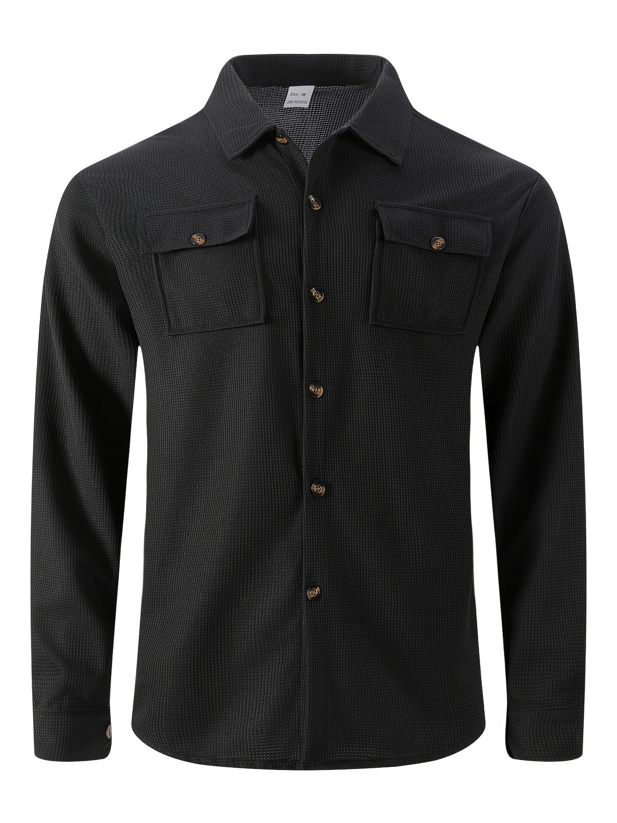 Men'S Waffle Knit Long Sleeve Button-Up Shirt, Casual Lapel Workwear with Chest Pocket, Lightweight And Breathable Daily Top, Autumn Menswear - Black