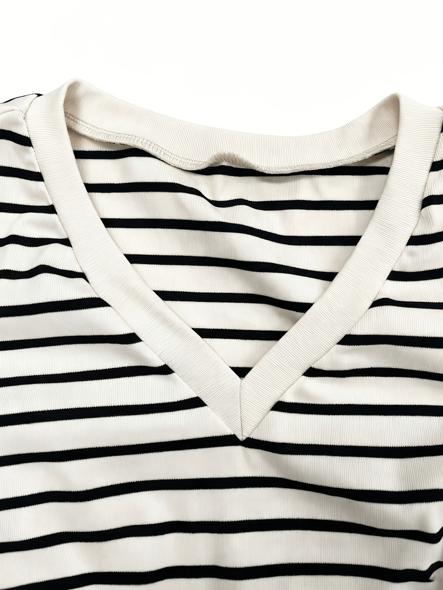 New V-Neck Striped Short Sleeve Tight Top Base Layer Temperament Elegant Style Suitable for Daily Wear ASD1 - Apricot