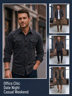 Men's New Spring/Autumn Black Denim Shirt, American Vintage Washed & Distressed Craft, Workwear Style Lapel Long Sleeve Shirt, 3D Double Pockets with Quadrilateral Buttons, Casual Versatile Slim Fit, Suitable for Daily Commute & Streetwear - Black